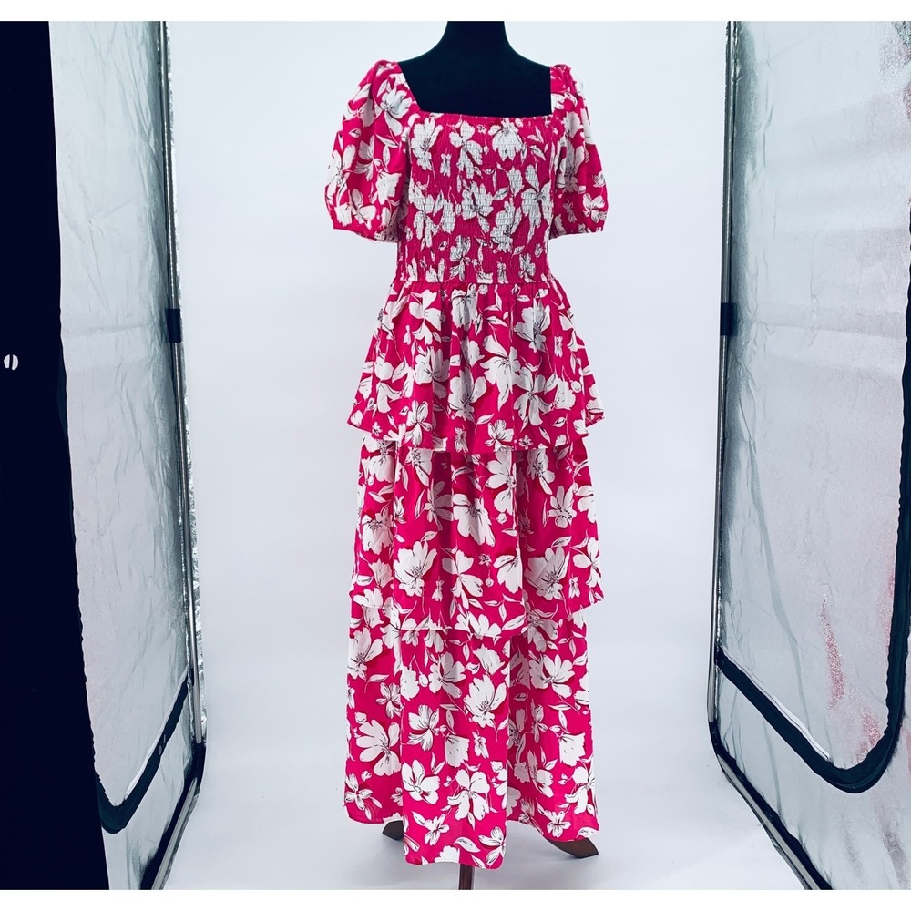 BTFBM sz Large Pink Floral Tiered Maxi Dress Smocked Puff Sleeve Boho NWT